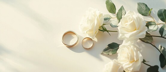 Pair of Gold Wedding Rings and White Roses: Symbols of Love and Commitment. AI generated illustration