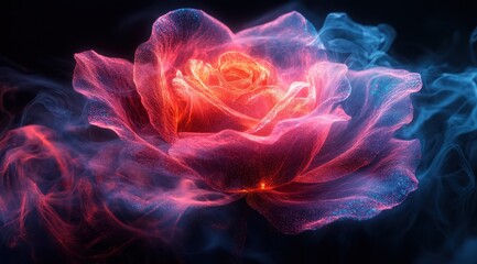 Obraz premium Glowing red and blue rose in smoke.