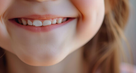 Fototapeta premium Close-up portrait of adorable preschool girl smiling, showing perfect white teeth