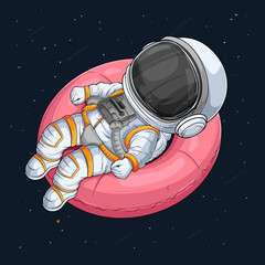 Hand drawn astronaut spaceman wearing space suit laying on a pink swimming ring in outer space