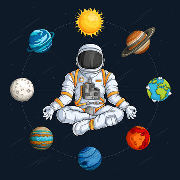 Hand drawn astronaut wearing space suit doing yoga meditation surrounded by solar system planets