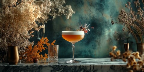 Signature craft cocktails with artistic garnishes, set on a marble bar top with moody lighting