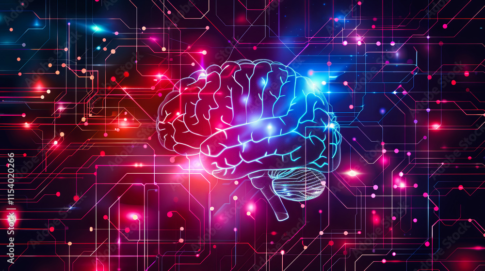 Poster a glowing human brain connected with digital lines, representing neural networks, ai, and advanced d