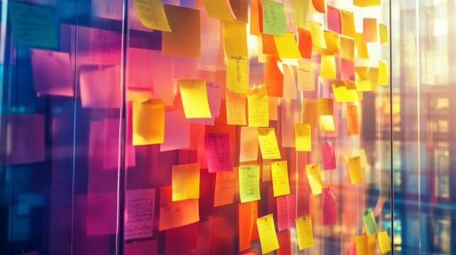 The 2025 New Year business goals concept, team brainstorming session with sticky notes on a glass wall, vibrant atmosphere, stock photos