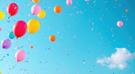 Balloons and confetti are flying in the air on a sunny day