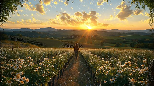 Woman walking path through sunset flower field.