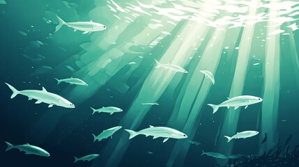Minimalist Underwater Scene: Swarm of Fish Swimming in the Ocean with Sunlight Filtering Through. AI generated illustration