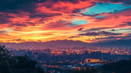 Obraz premium Sunset View of City Skyline with Landmark Building, Mountains, and Colorful Sky in Taiwan's Capital, AI generated illustration