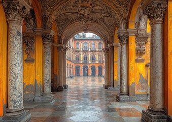 Fototapeta premium Carriage entrance features classical columns offering access to a lively inner courtyard with vibrant balconies