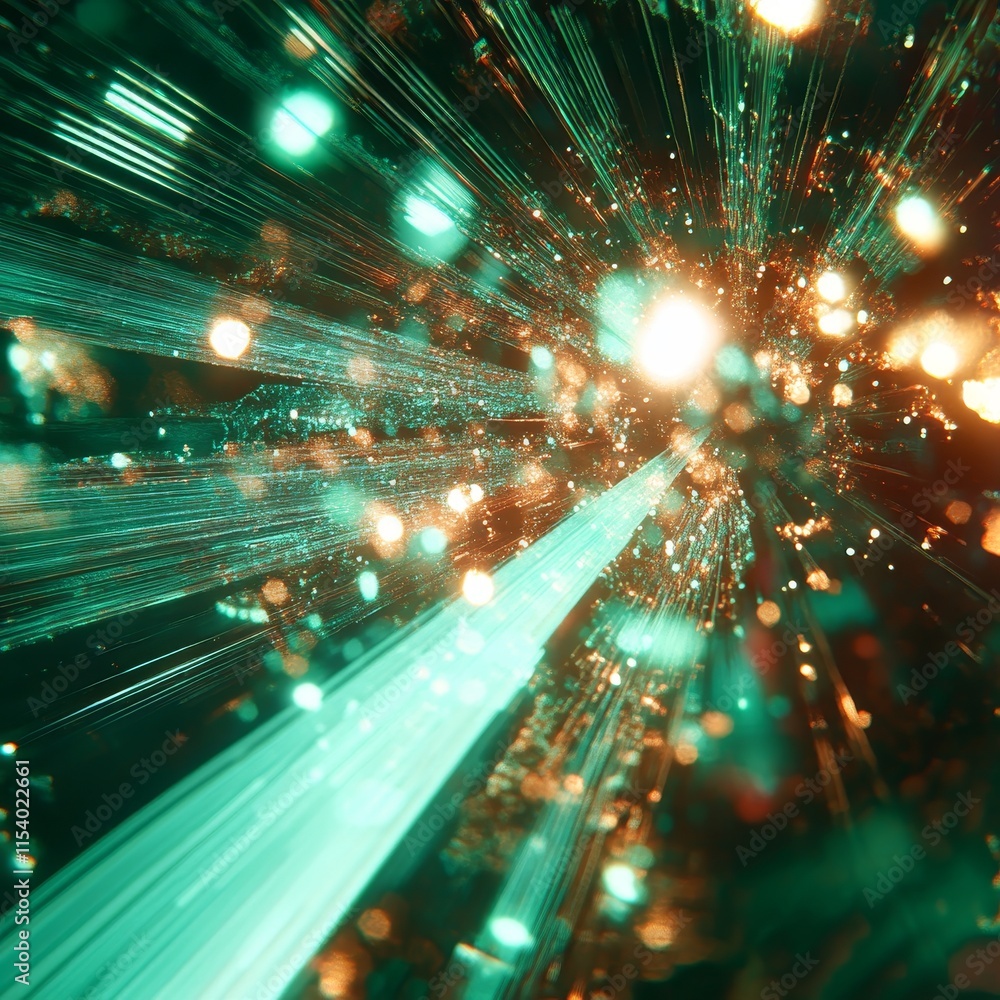 Poster abstract depiction of light rays and particles radiating through a cosmic setting, creating a vibran