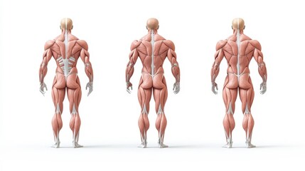 Male muscular system, three anatomical views.