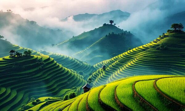 vibrant hillside covered in tiered rice terraces