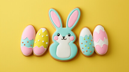 easter bunny with easter eggs-shaped cookies on a yellow background