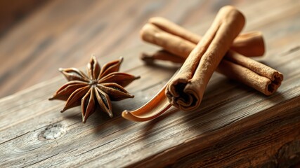 Aromatic Cinnamon Sticks and Star Anise on Rustic Wood