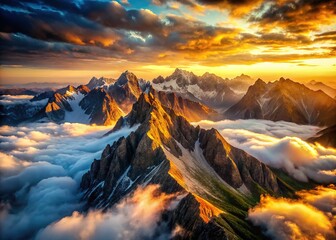 A breathtaking mountain sunrise, aerial perspective.