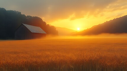 Sunrise over foggy field with old barn.