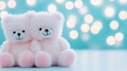 Fototapeta premium Two cute pink teddy bears sit close together against a serene blue background, creating a charming and heartwarming atmosphere perfect for evoking feelings of love and friendship.
