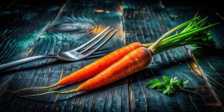 A close-up of a bifurcated carrot, impaling wood.