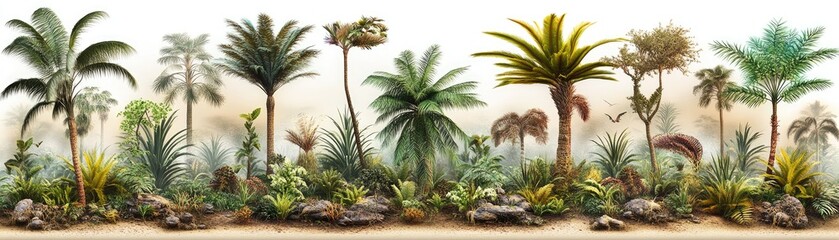 A vibrant tropical landscape featuring diverse plants and trees in a lush environment.