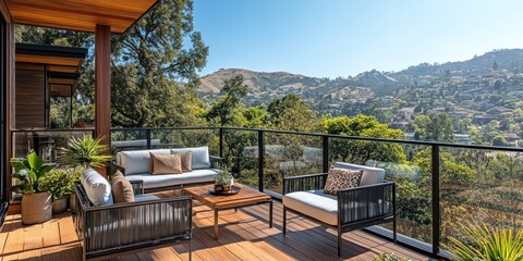 Stylish balcony features comfortable seating and tinted glass railings overlooking lush greenery and distant hills