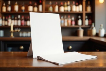Clean white menu and flyer mockups on bar table, copy space, simple