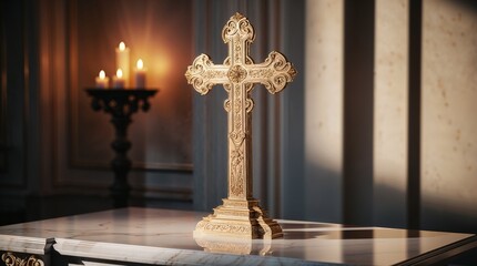 Golden Cross on Marble Altar with Serene Atmosphere in Dimly Lit Church against Candlelight Backdrop