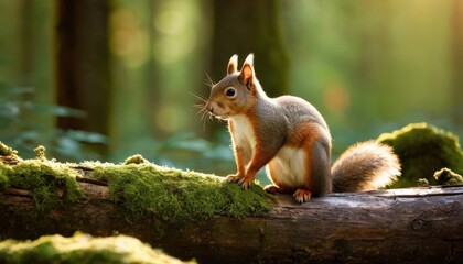 A vibrant squirrel enjoying the tranquility of a forest, its fluffy tail and delicate features blending harmoniously with the mossy log and soft golden light