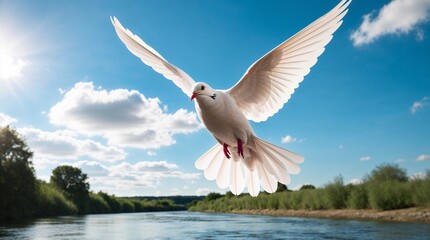 Dove descending gracefully towards a tranquil river, clear blue sky with soft clouds, peaceful and spiritual mood