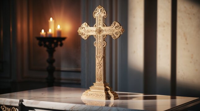 Golden Cross on Marble Altar with Serene Atmosphere in Dimly Lit Church against Candlelight Backdrop