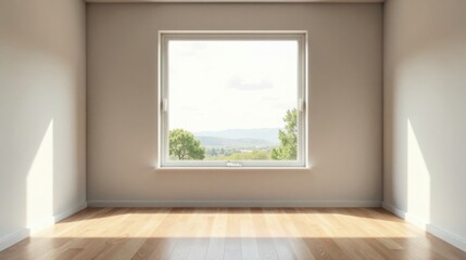 Sunlit Empty Room with Scenic Window View Featuring Light Hardwood Floor and Neutral Walls