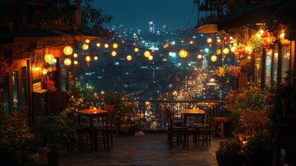 Charming night view from a balcony adorned with string lights