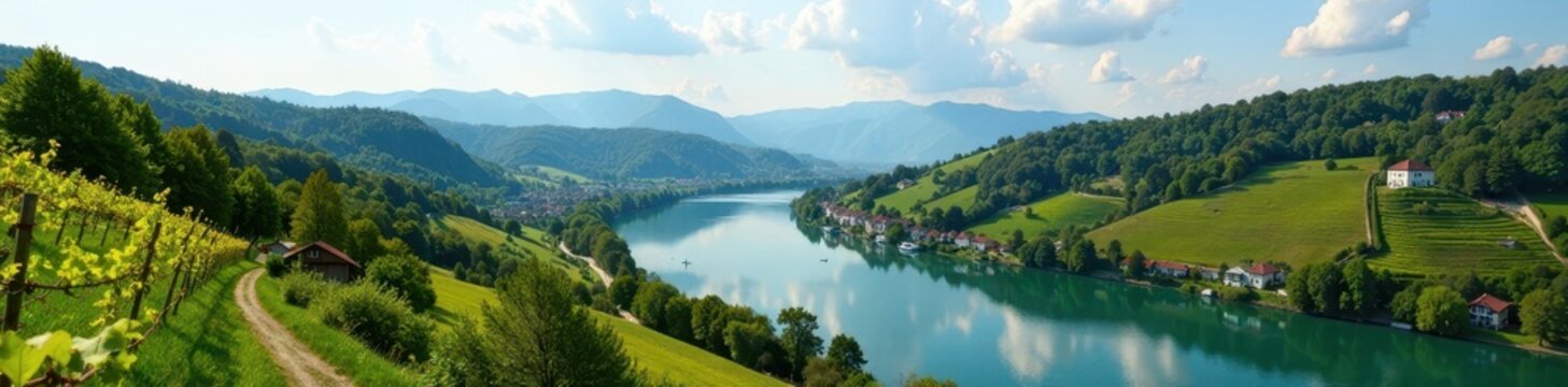 Danube River view of Krems & Stein, Austria Rolling hills, vineyards , boats, view