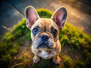 Fototapeta premium Adorable French Bulldog puppy, captured in a stunning drone shot.