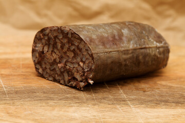 Morcilla, blood sausage with rice, typical of Spain, macro food background