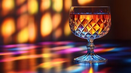 Crystal Glass of Amber Liquid Against Colorful Background