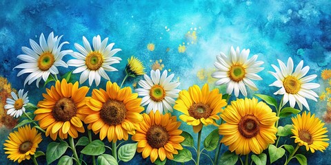 Obraz premium AI art: Watercolored daisies and sunflowers; golden accents, a blue backdrop, Rule of Thirds.