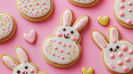 easter bunny-shaped cookies on a pink background