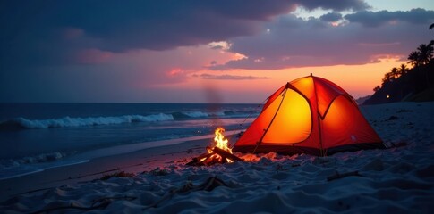 Beach campfire crackles, illuminating a lone tent at dusk , relax, warm