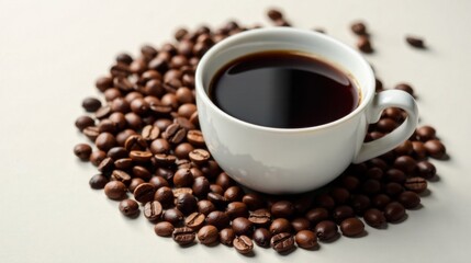 Fototapeta premium Aromatic Brew A cup of dark, rich coffee nestled amongst roasted beans, ready to invigorate