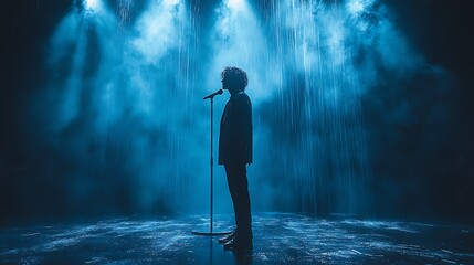 Silhouette of a singer performing in the rain
