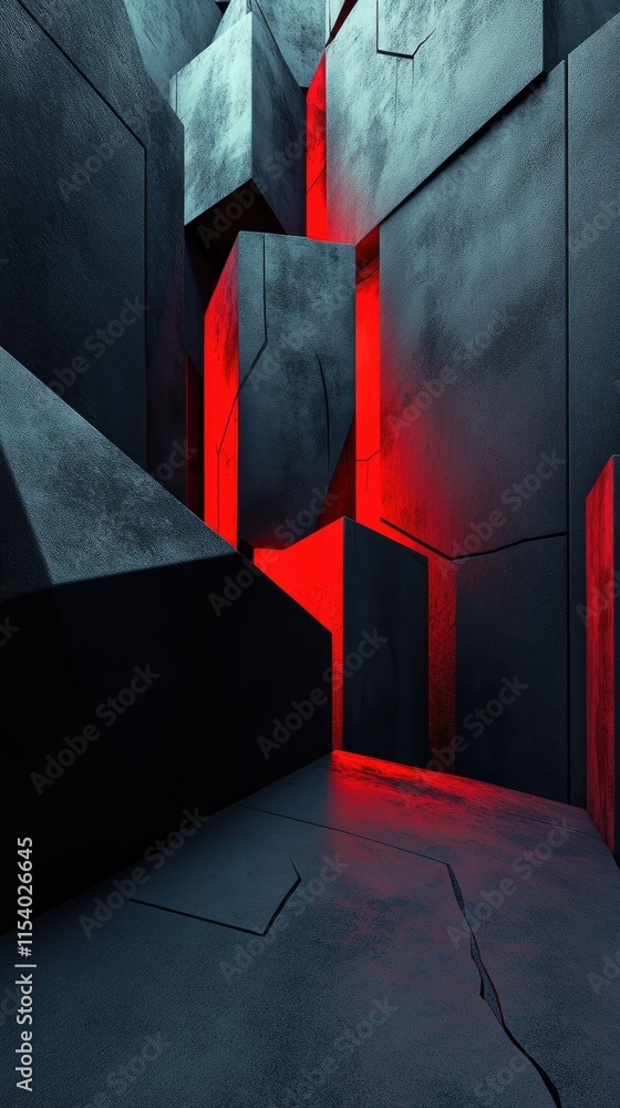Poster abstract composition of dark geometric shapes with red lighting creating a dramatic atmosphere.