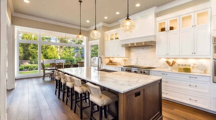 Fototapeta premium Modern Luxury Kitchen with an Island, Marble Countertop, and Garden View. AI generated illustration