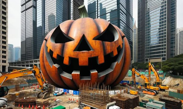 Huge Jack-o-lantern pumpking at construction site in downtown