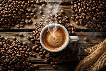 A steaming cup of latte art surrounded by coffee beans