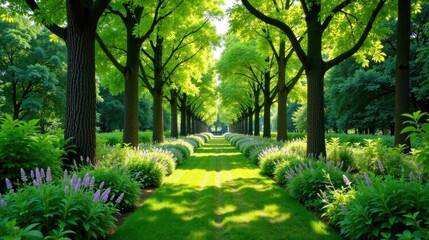 Naklejka premium Serene Pathway Through a Lush, Sun-Drenched Garden with Vibrant Blooms and Towering Trees