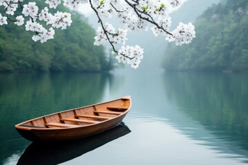 Obraz premium nature scene, solitary wooden boat floats on still lake, embraced by spring blooms on the trees
