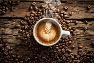 A steaming cup of latte art surrounded by coffee beans