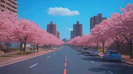 A serene street lined with blooming cherry blossom trees under a clear blue sky.