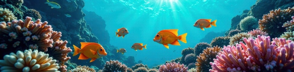 Fototapeta premium A school of vibrant parrotfish swims amidst a lush coral reef , diving, school of fish