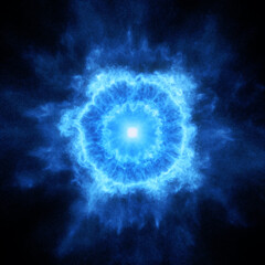 Fototapeta premium A glowing blue energy field resembling a nuclear explosion or fusion reaction, with radiating electric waves. Ideal for scientific, nuclear physics, renewable energy, power generation